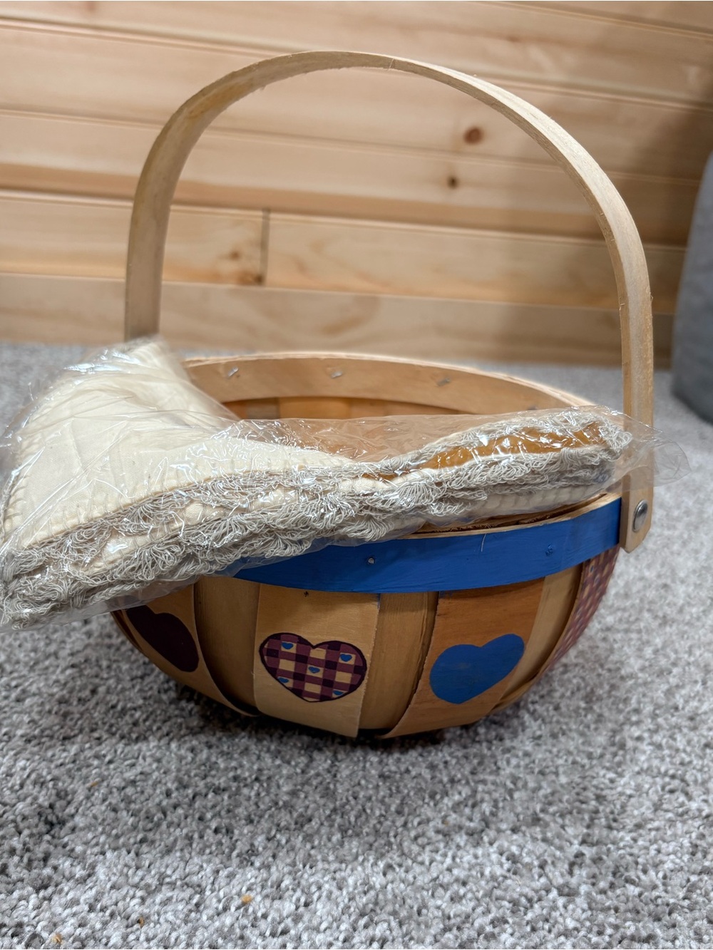 NWT Handcrafted Wooden Heart Basket with Blue Accent